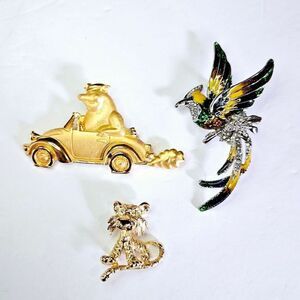Vintage Lot Animal Themed Brooch Pins Exotic Enameled Rhinestone Bird Tiger Pig